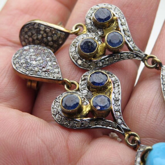 $2600 Turquoise Diamond Sapphire 14k oner Silver Earring - Picture 6 of 7